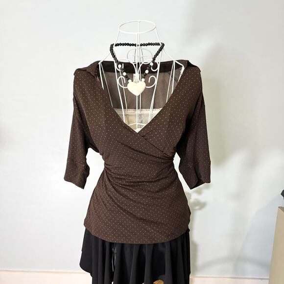 super cute vintage y2k brown & pink polka dot babydoll wrap blouse top - Picture 5 of 6